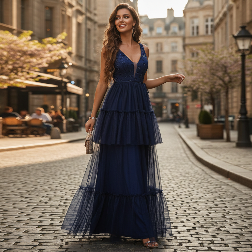 Emma | Vestido Maxi de Mujer para Invitada de Boda con Escote en V y Falda Plisada por Capas | Elegante