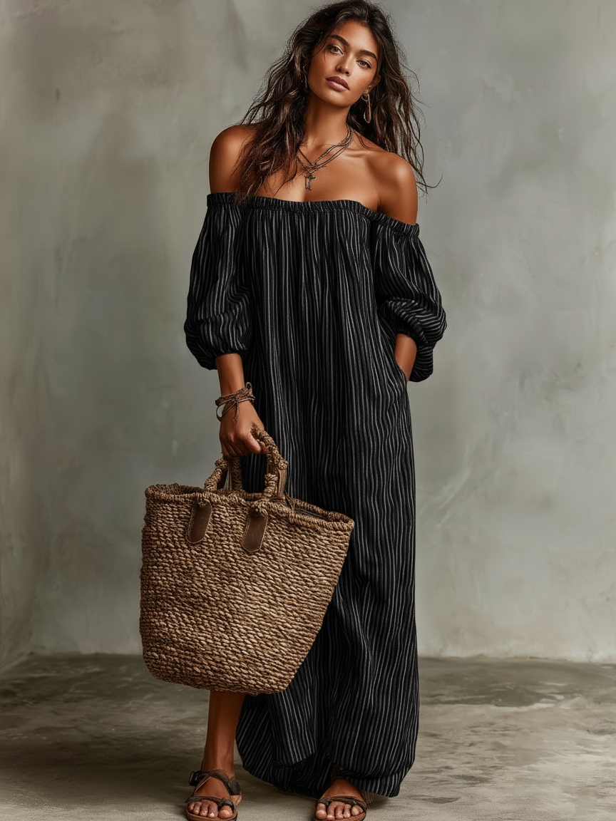 Laluna | Vestido Maxi de Vacaciones para Mujer con Escote de Hombros Descubiertos y Manga Larga