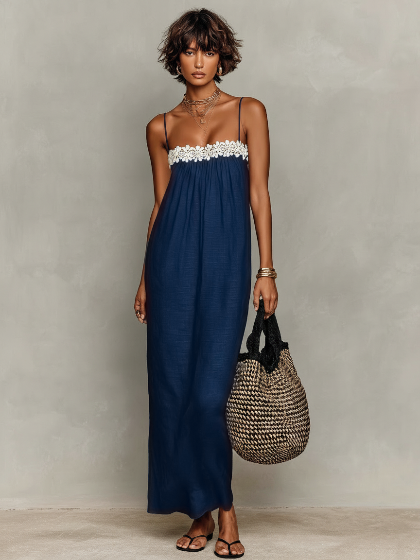 VestidoCaterina |  Maxi Minimalista para Mujer con Paneles de Encaje, Escote Palabra de Honor y Tirantes Finos