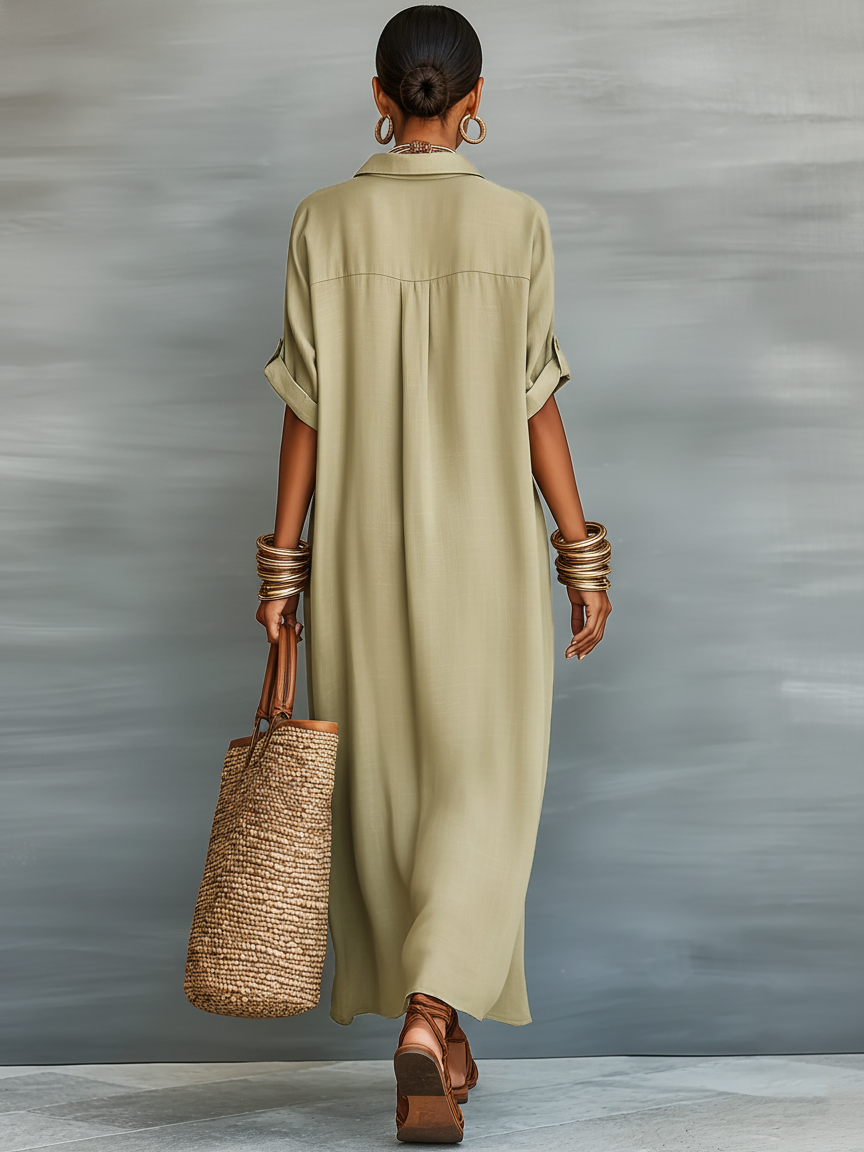 Esther | Vestido Camisero Maxi Minimalista para Mujer con Manga Corta