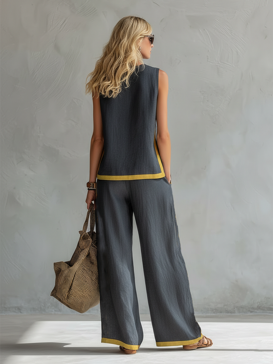 Leila | Conjunto de Chaleco y Pantalón de Algodón y Lino en Dos Tonos de Gris