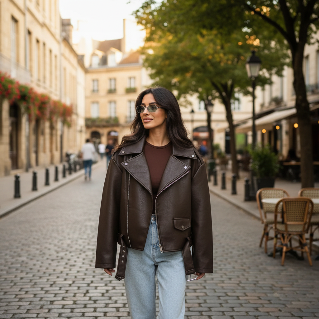 Harper | Chaqueta de Piel de Mujer con Cremallera Asimétrica y Detalle de Cinturón | Motera