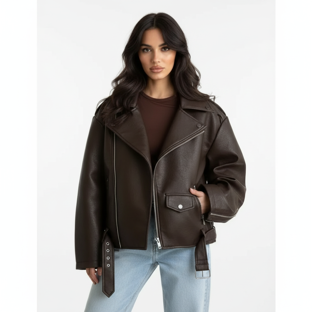 Harper | Chaqueta de Piel de Mujer con Cremallera Asimétrica y Detalle de Cinturón | Motera