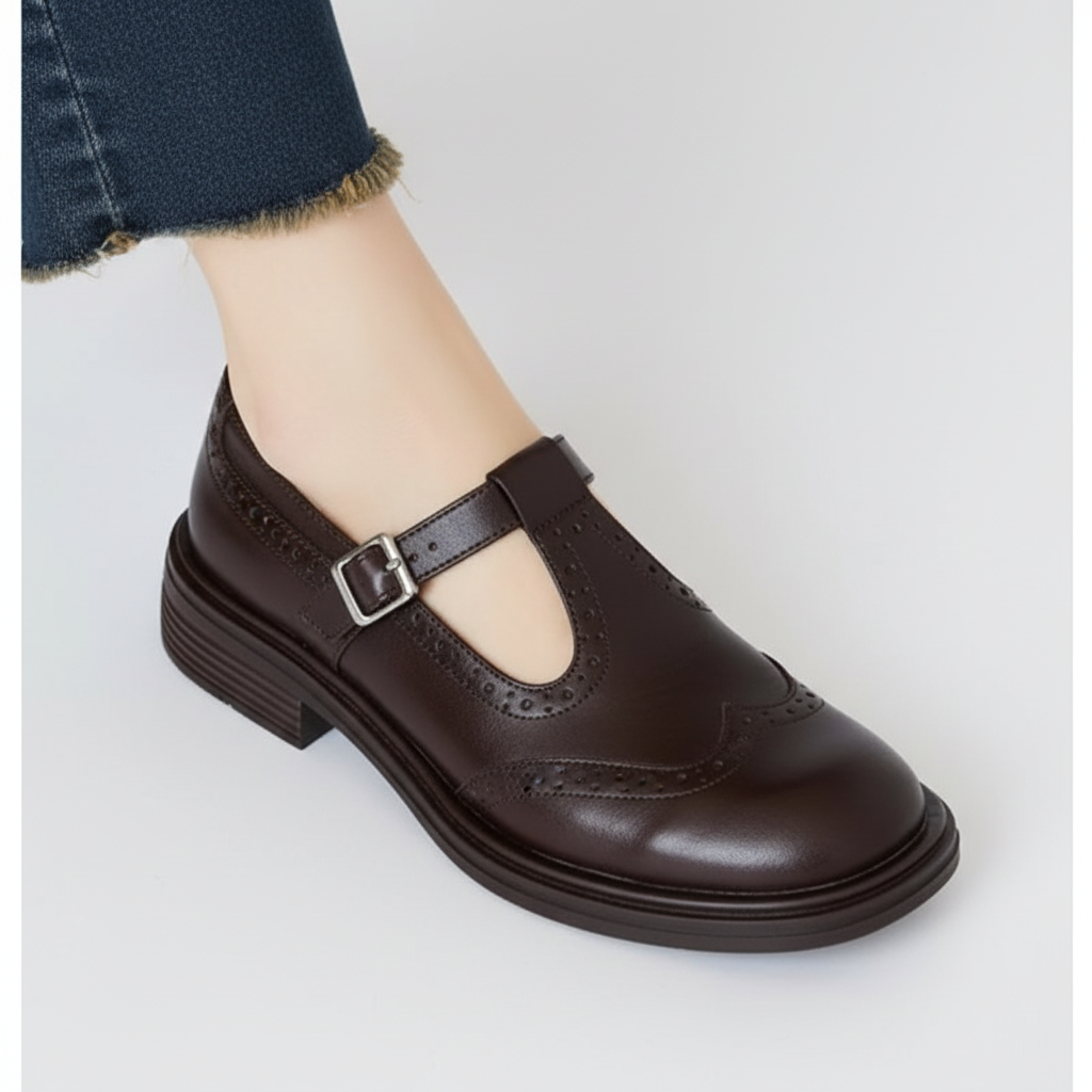 Harper | Zapatos de Piel de Mujer con Tira en T, Hebilla y Detalle Trenzado | Vintage