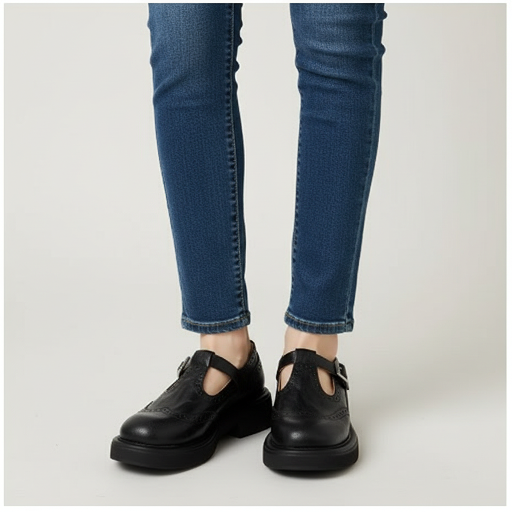 Harper | Zapatos de Piel de Mujer con Tira en T, Hebilla y Detalle Trenzado | Vintage