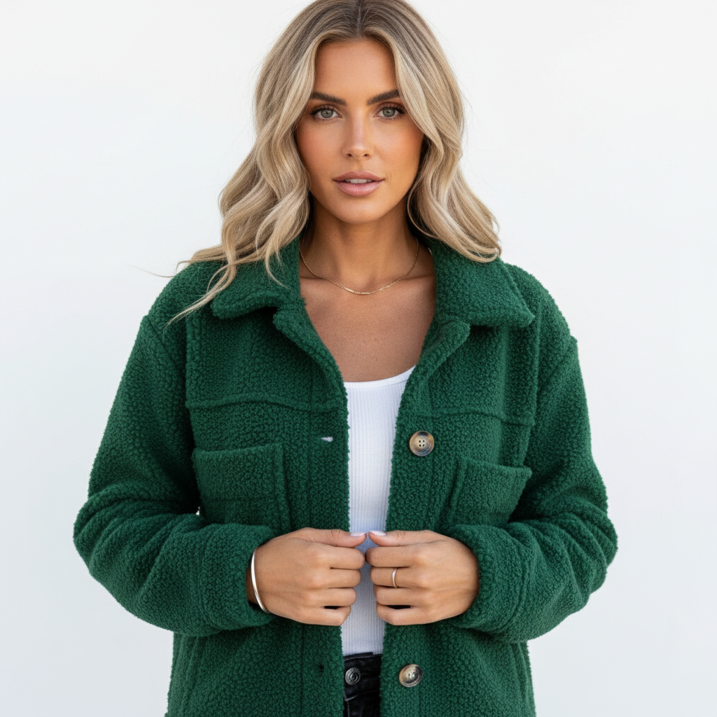 Harper | Chaqueta Sherpa de Mujer con Botonadura Delantera y Bolsillos en el Pecho | Casual