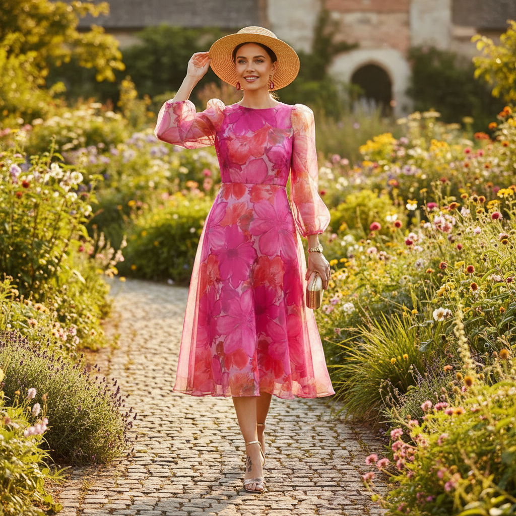 Harper | Vestido de Mujer para Invitada de Boda con Mangas Abullonadas Largas y Falda Plisada | Elegante