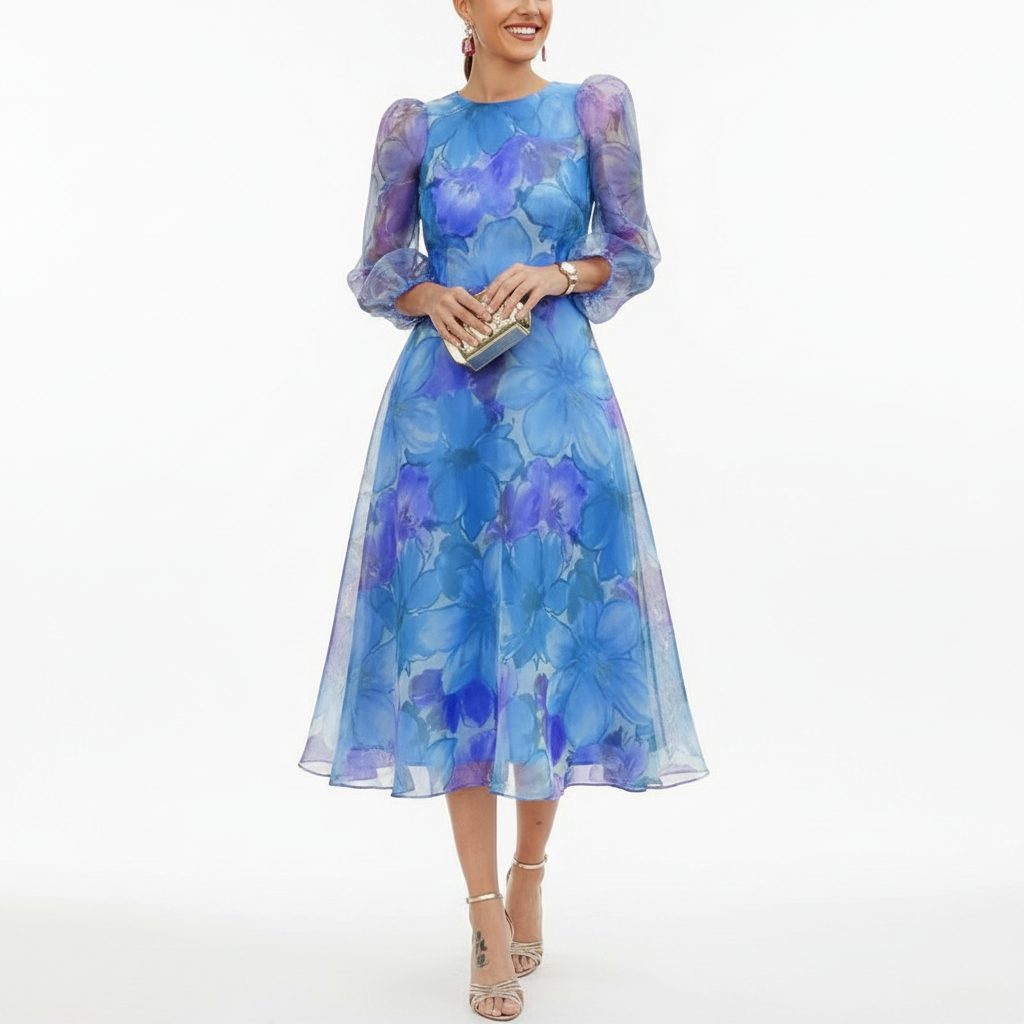 Harper | Vestido de Mujer para Invitada de Boda con Mangas Abullonadas Largas y Falda Plisada | Elegante