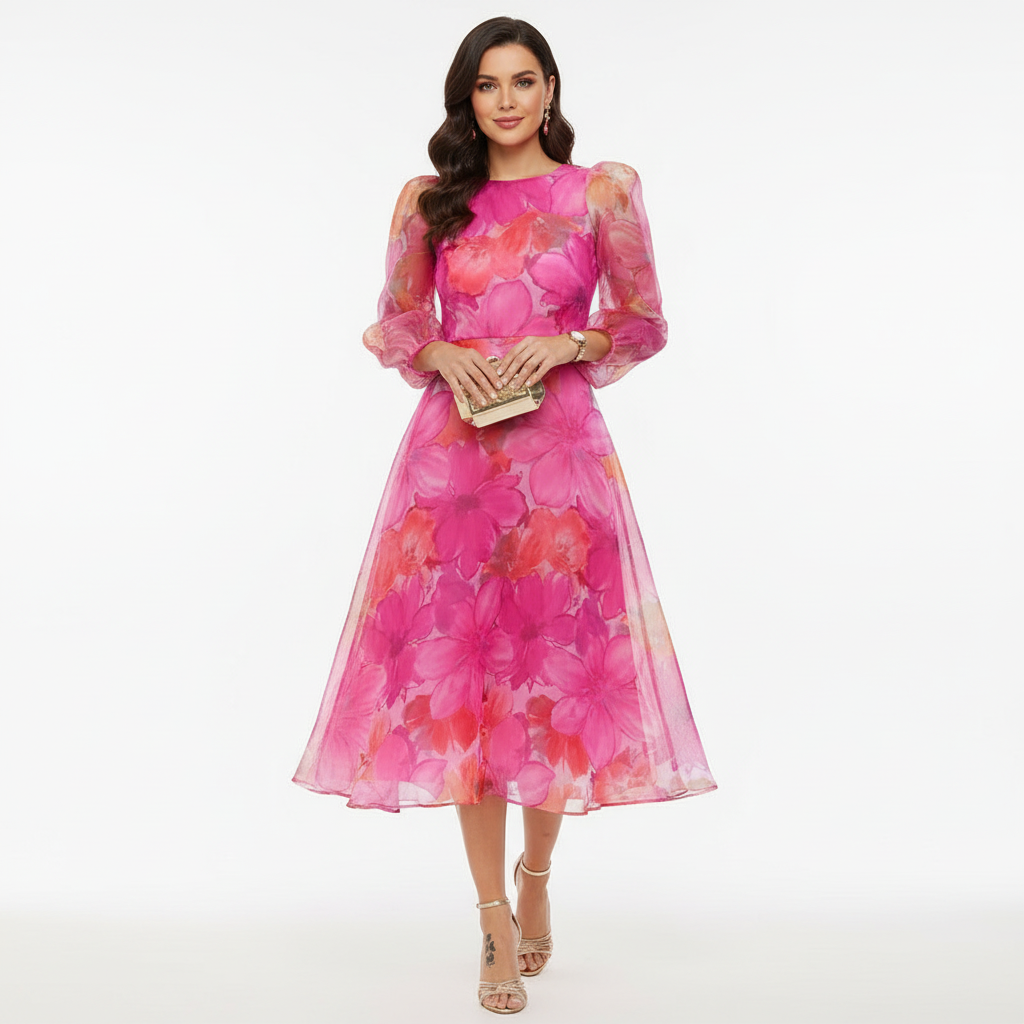 Harper | Vestido de Mujer para Invitada de Boda con Mangas Abullonadas Largas y Falda Plisada | Elegante