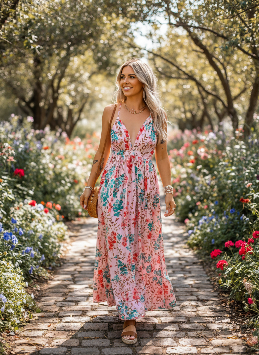 Liora | Vestido Maxi Floral de Mujer con Escote Profundo en V y Mangas Abullonadas