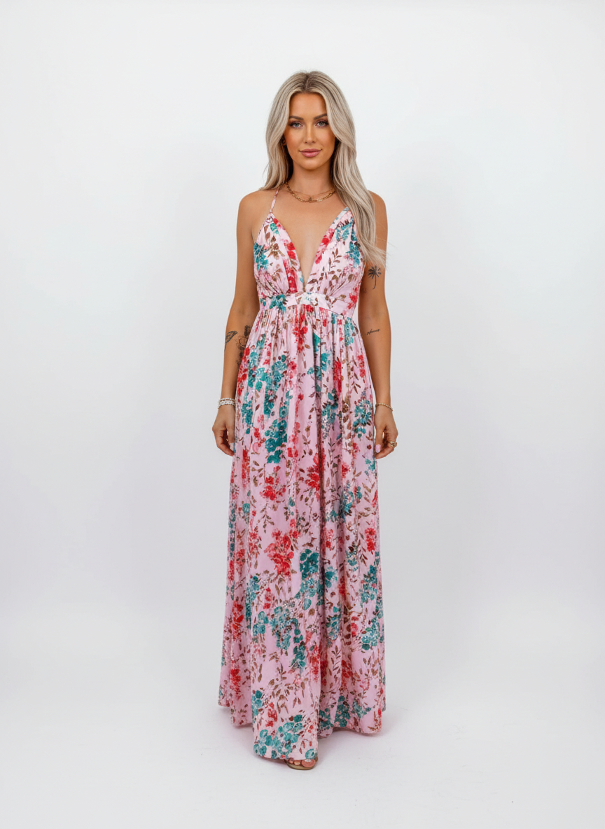 Liora | Vestido Maxi Floral de Mujer con Escote Profundo en V y Mangas Abullonadas