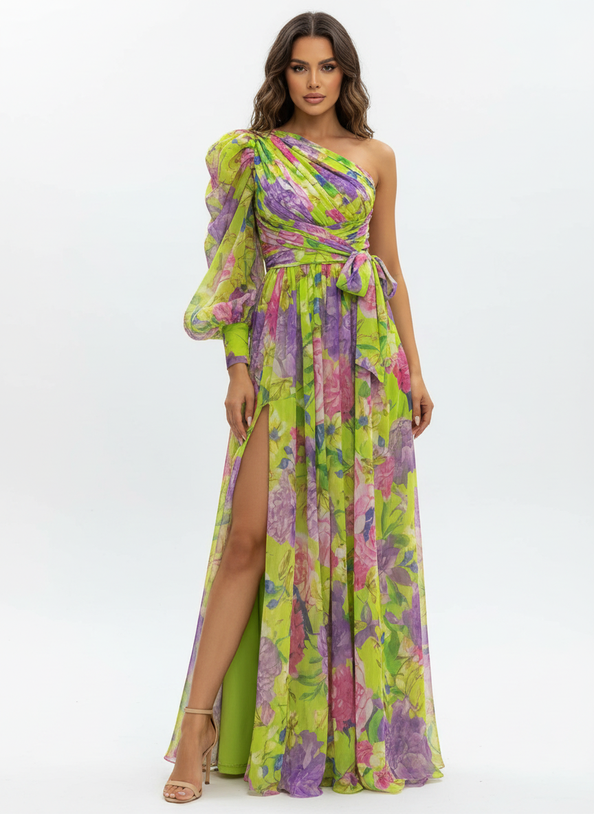 Liora | Vestido Maxi Floral de Mujer con Cintura Anudada y Mangas Capa