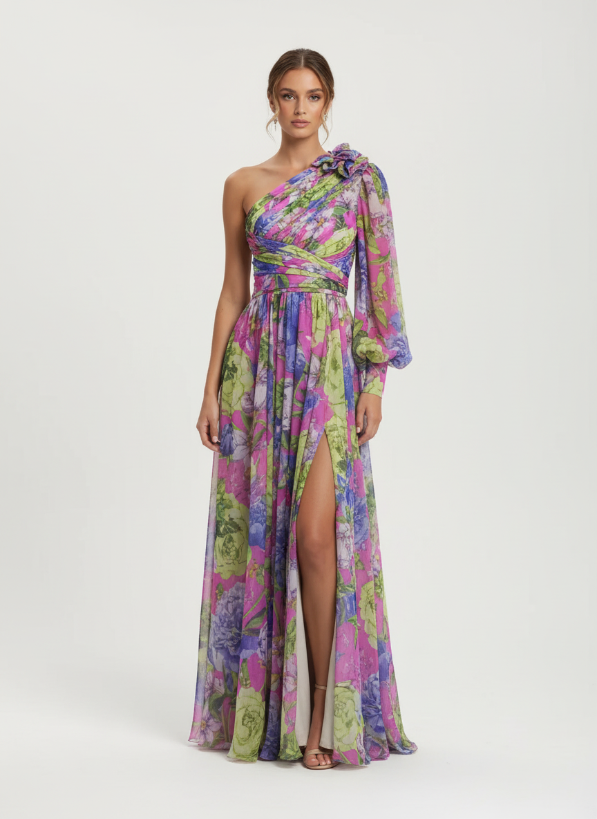 Liora | Vestido Maxi Floral de Mujer con Cintura Anudada y Mangas Capa