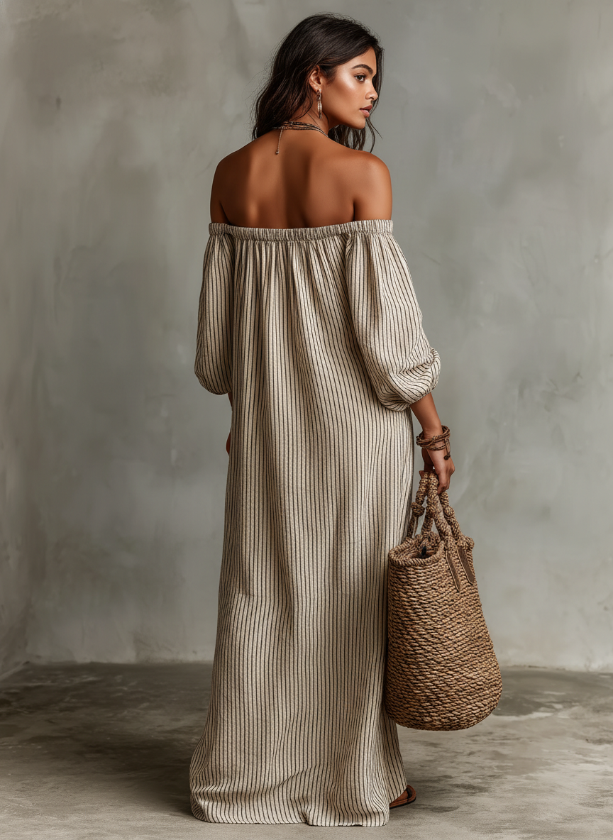 Laluna | Vestido Maxi de Vacaciones para Mujer con Escote de Hombros Descubiertos y Manga Larga
