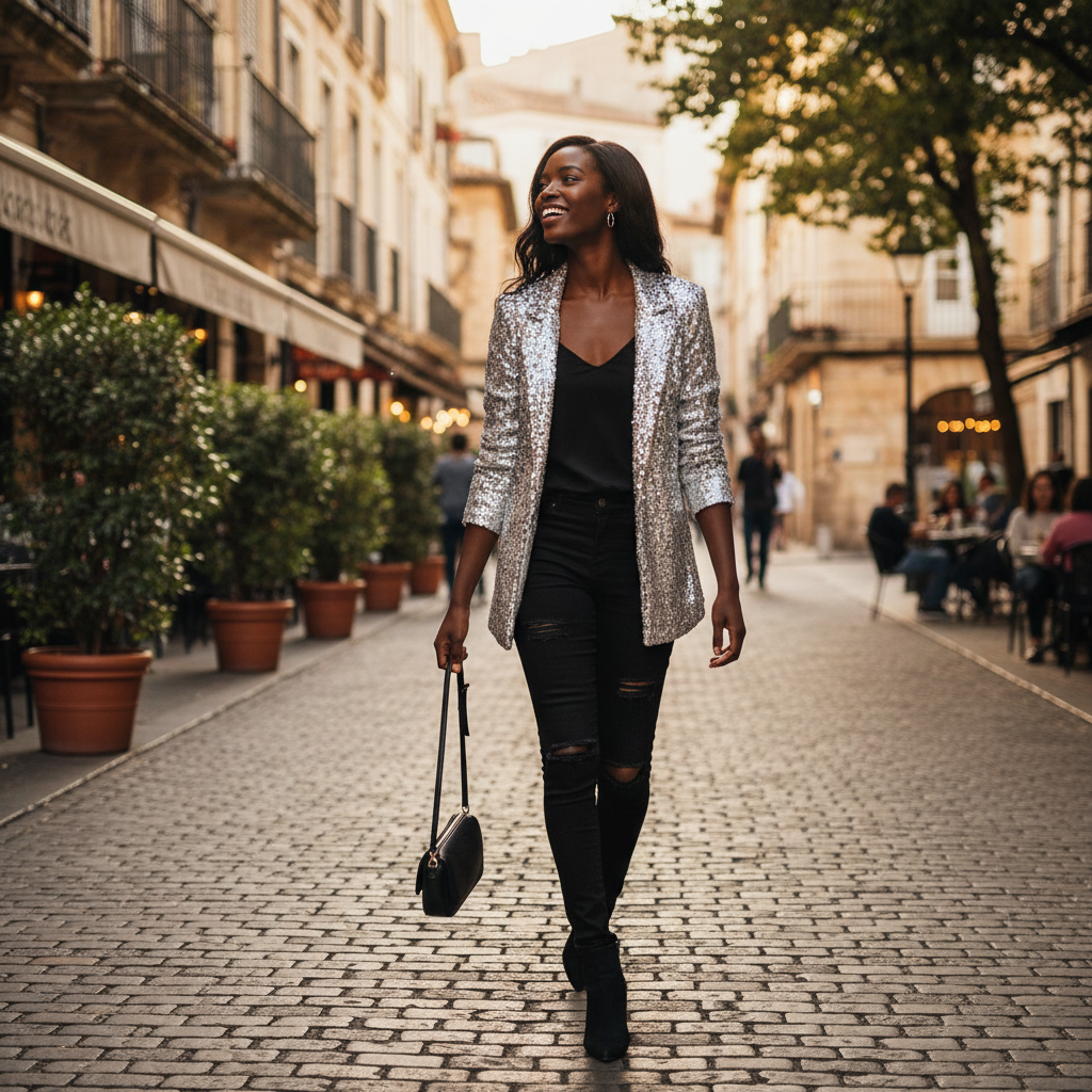 Madison | Blazer de Mujer con Textura de Lentejuelas y Solapa de Pico | Glamuroso