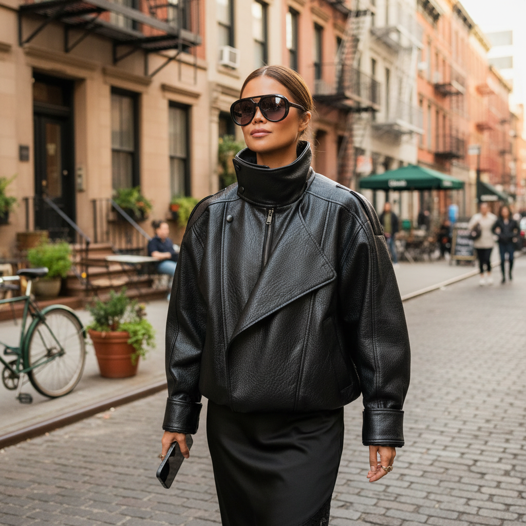 Madison | Chaqueta de Cuero de Mujer con Cremallera Asimétrica y Cuello Alto | Motera