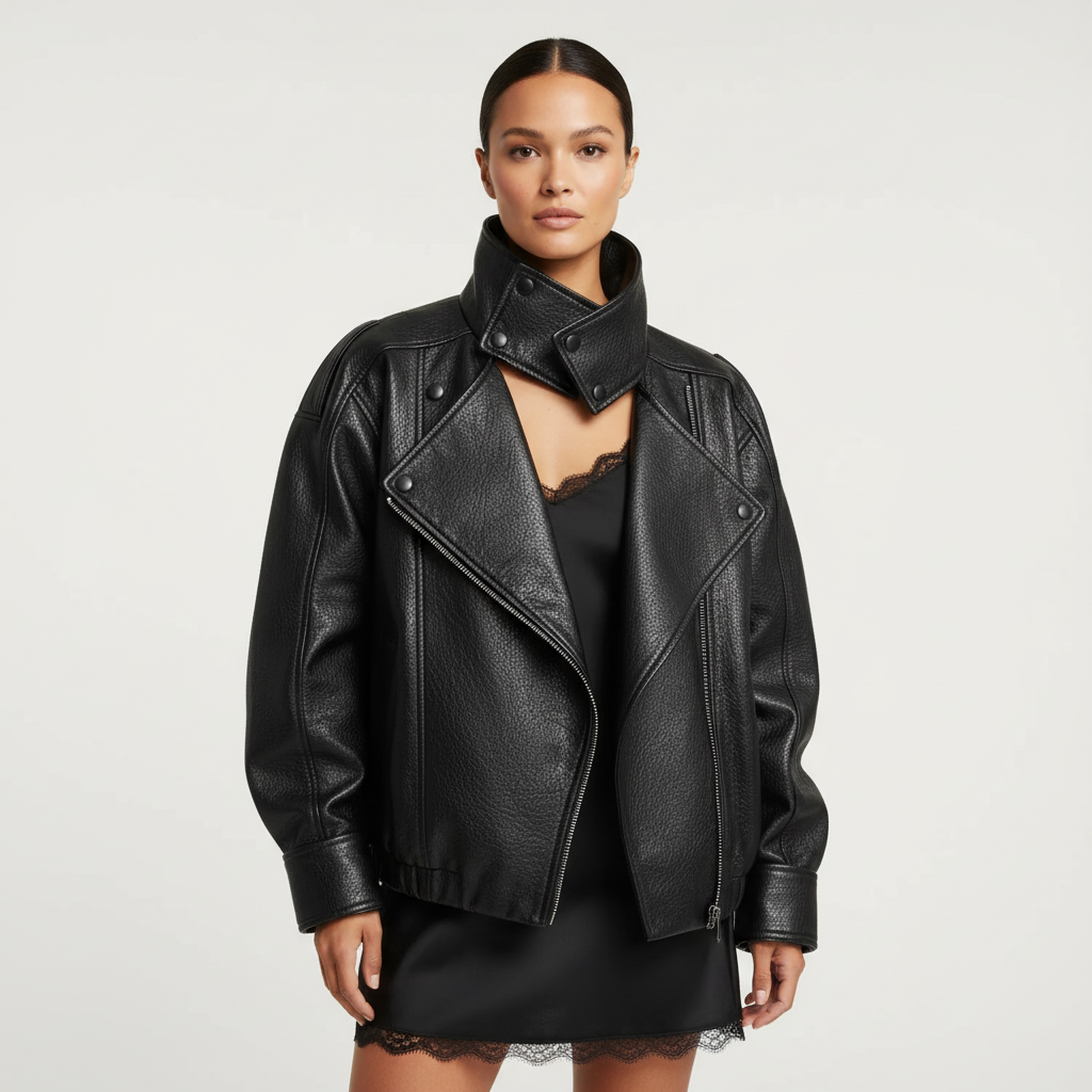 Madison | Chaqueta de Cuero de Mujer con Cremallera Asimétrica y Cuello Alto | Motera