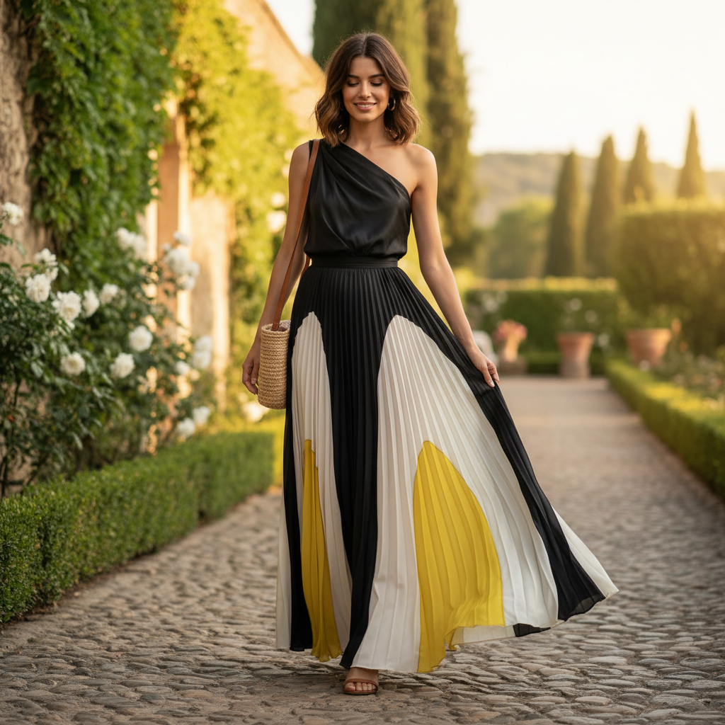Madison | Vestido de Mujer de Un Hombro con Falda Plisada y Top Drapeado | Elegante
