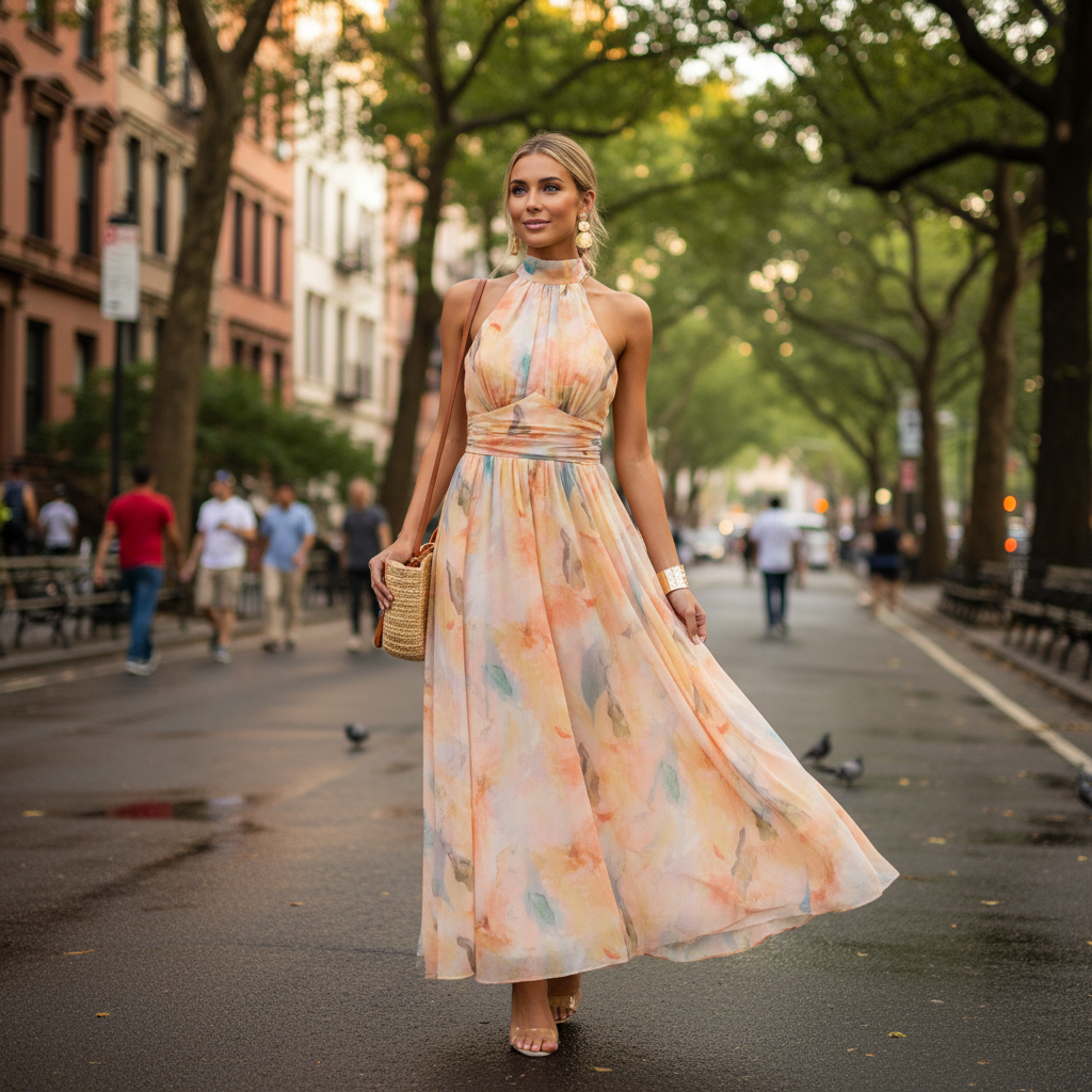 Madison | Vestido de Mujer para Invitada de Boda con Cuello Alto y Falda Plisada | Elegante