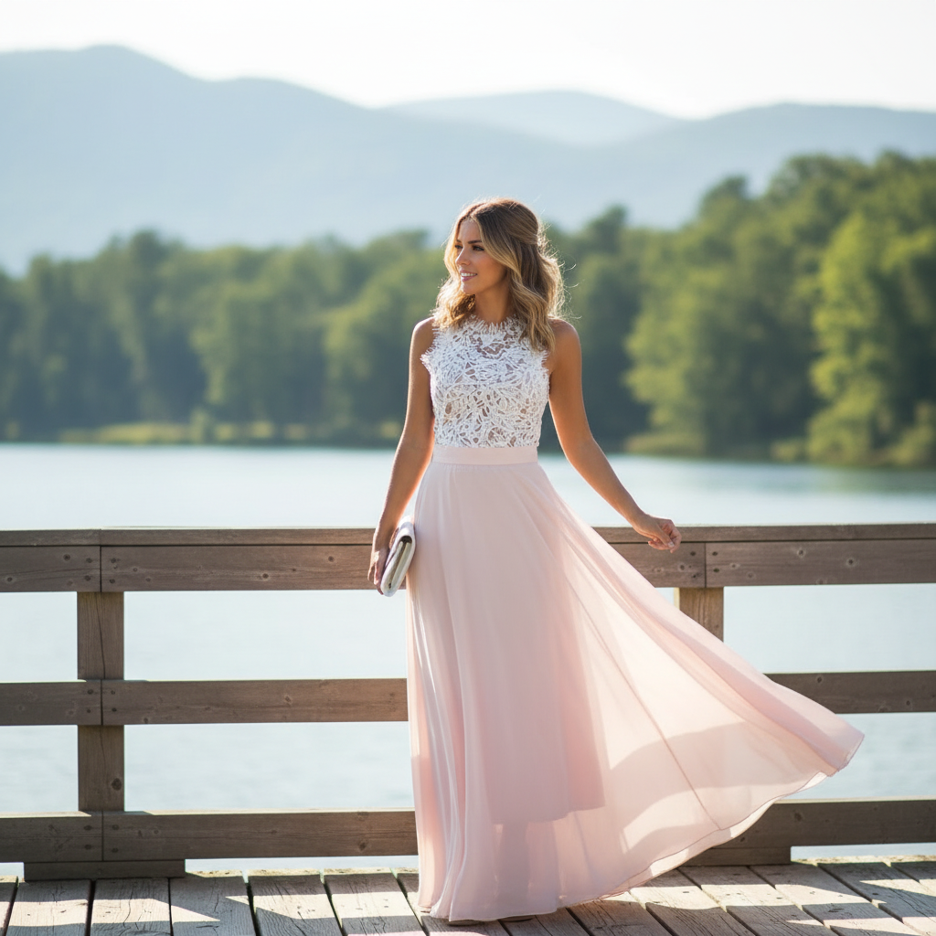 Madison | Vestido de Mujer para Invitada de Boda Sin Mangas con Cuerpo de Encaje | Elegante