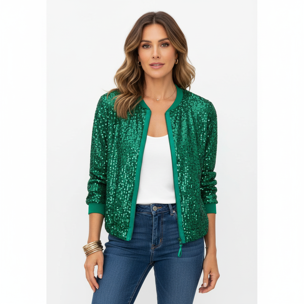 Olivia | Chaqueta Bomber de Mujer con Textura de Lentejuelas y Cierre de Cremallera | Glamurosa