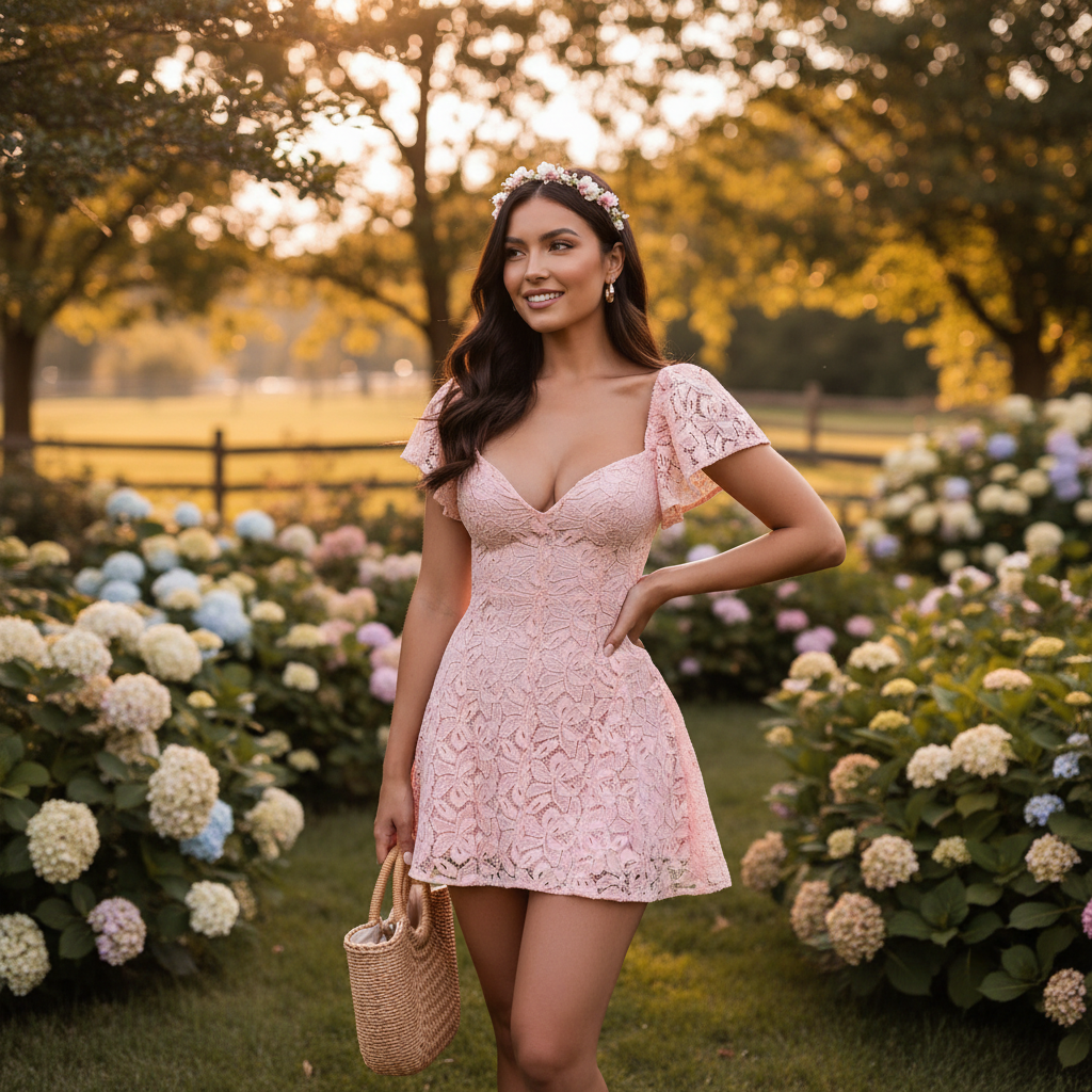 Olivia | Minivestido de Encaje de Mujer con Escote Corazón y Mangas de Vuelo | Romántico