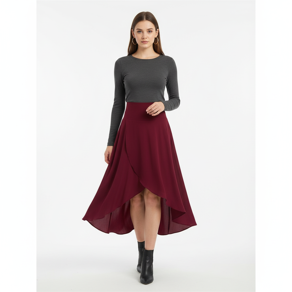 Olivia | Falda Midi de Mujer con Capas Drapeadas y Bajo Asimétrico | Elegante
