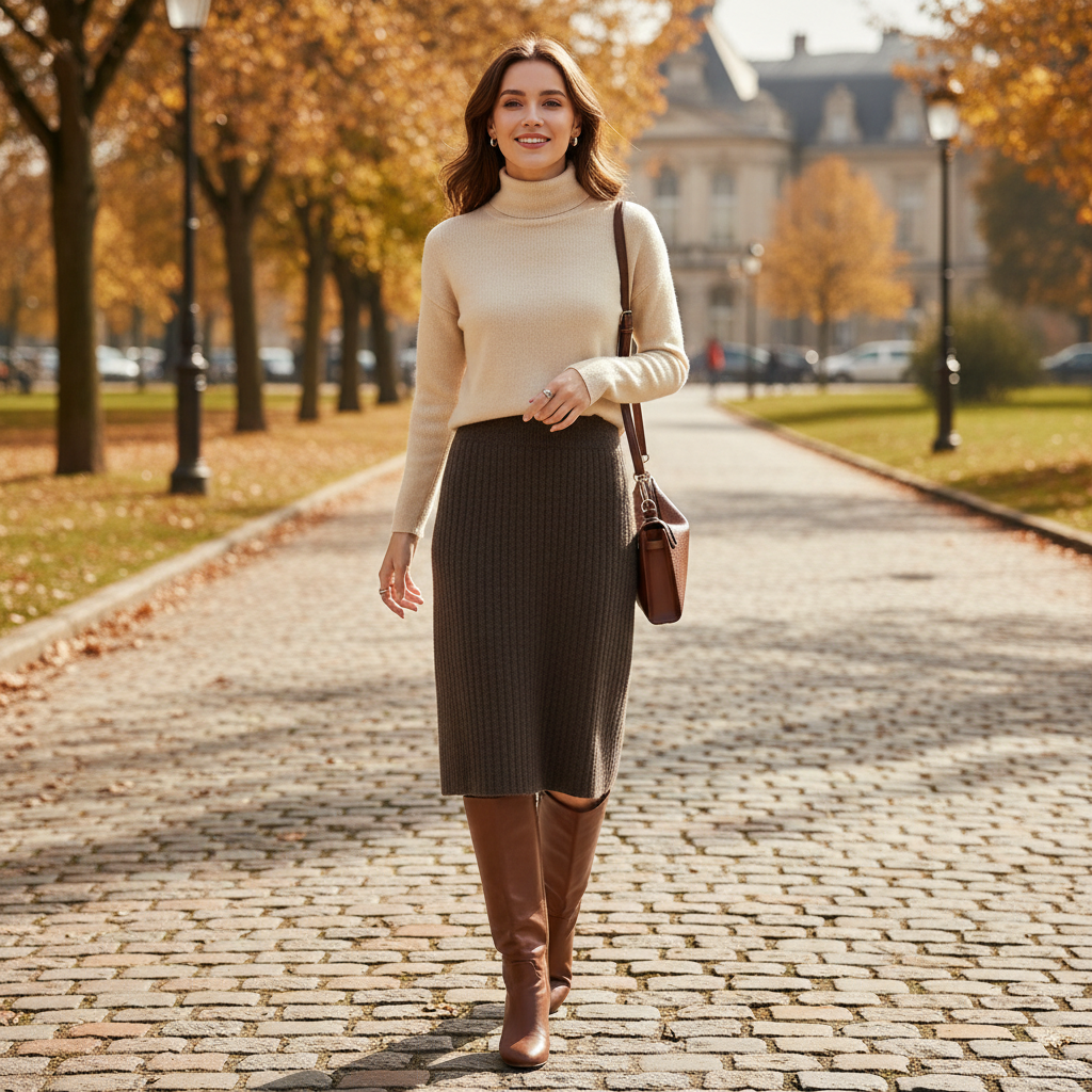 Olivia | Falda Midi de Mujer con Textura Acanalada y Abertura Lateral | Casual