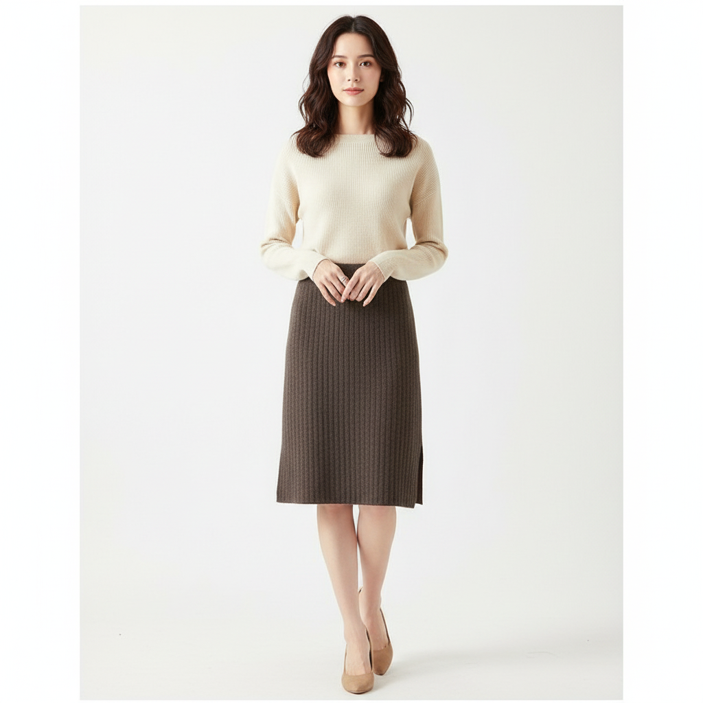 Olivia | Falda Midi de Mujer con Textura Acanalada y Abertura Lateral | Casual