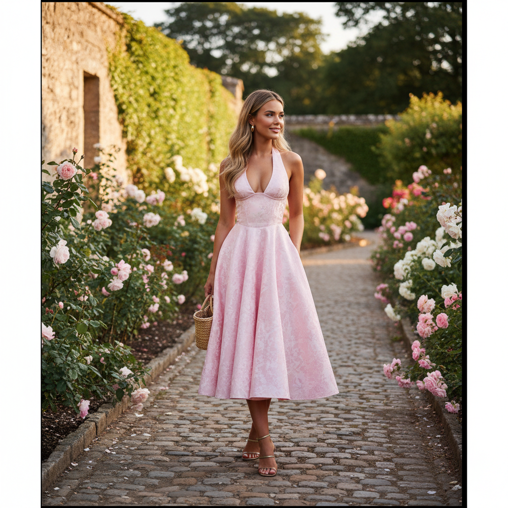 Olivia | Vestido de Mujer para Invitada de Boda con Escote Halter y Falda Plisada | Elegante