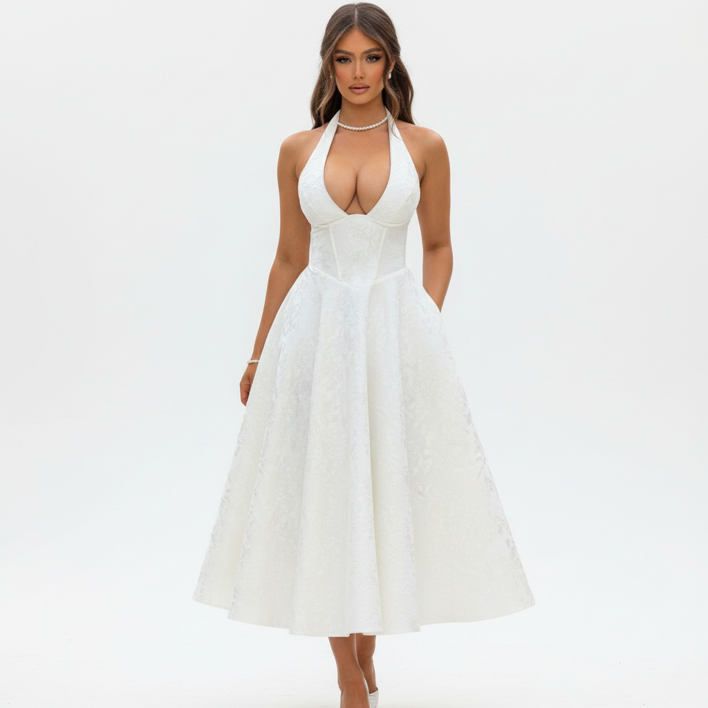 Olivia | Vestido de Mujer para Invitada de Boda con Escote Halter y Falda Plisada | Elegante