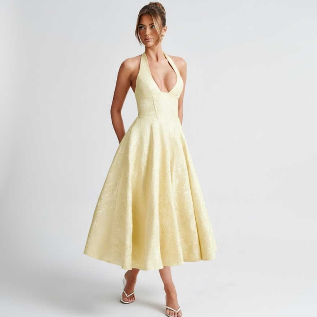 Olivia | Vestido de Mujer para Invitada de Boda con Escote Halter y Falda Plisada | Elegante