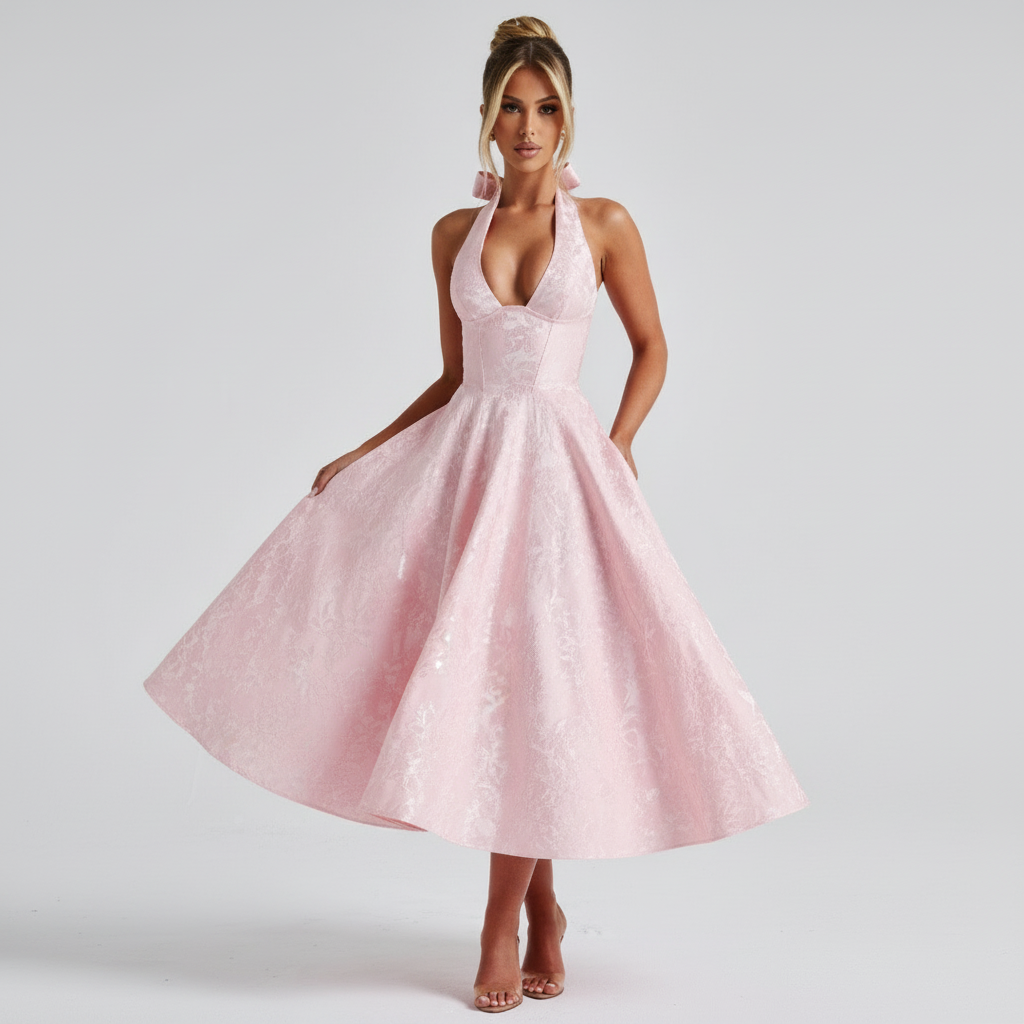 Olivia | Vestido de Mujer para Invitada de Boda con Escote Halter y Falda Plisada | Elegante