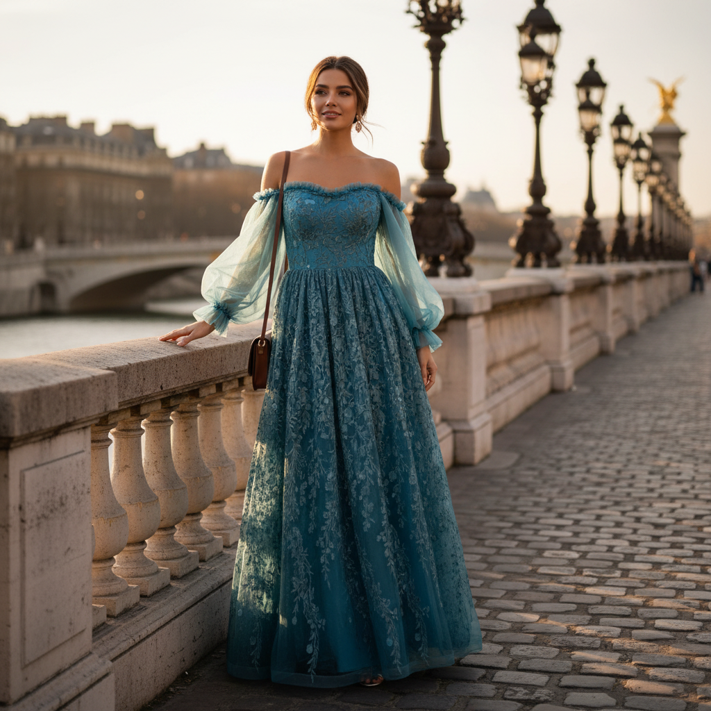 Olivia | Vestido Maxi de Mujer para Invitada de Boda con Escote Descubierto y Falda Plisada | Elegante