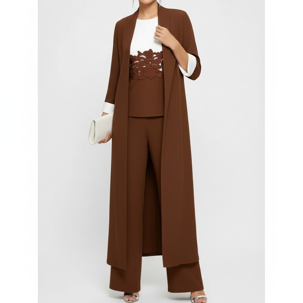 Olivia | Conjunto de Tres Piezas de Mujer con Abrigo Largo y Pantalón Ancho | Elegante