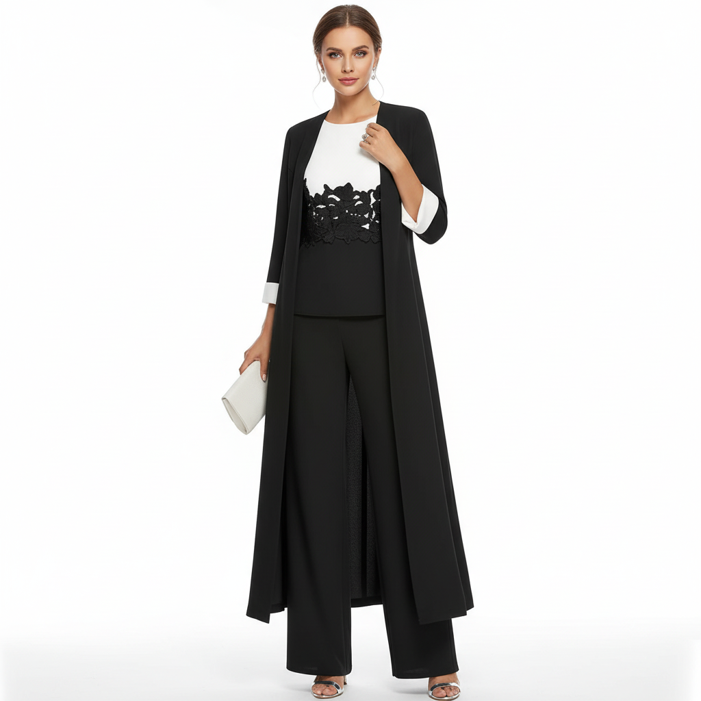 Olivia | Conjunto de Tres Piezas de Mujer con Abrigo Largo y Pantalón Ancho | Elegante