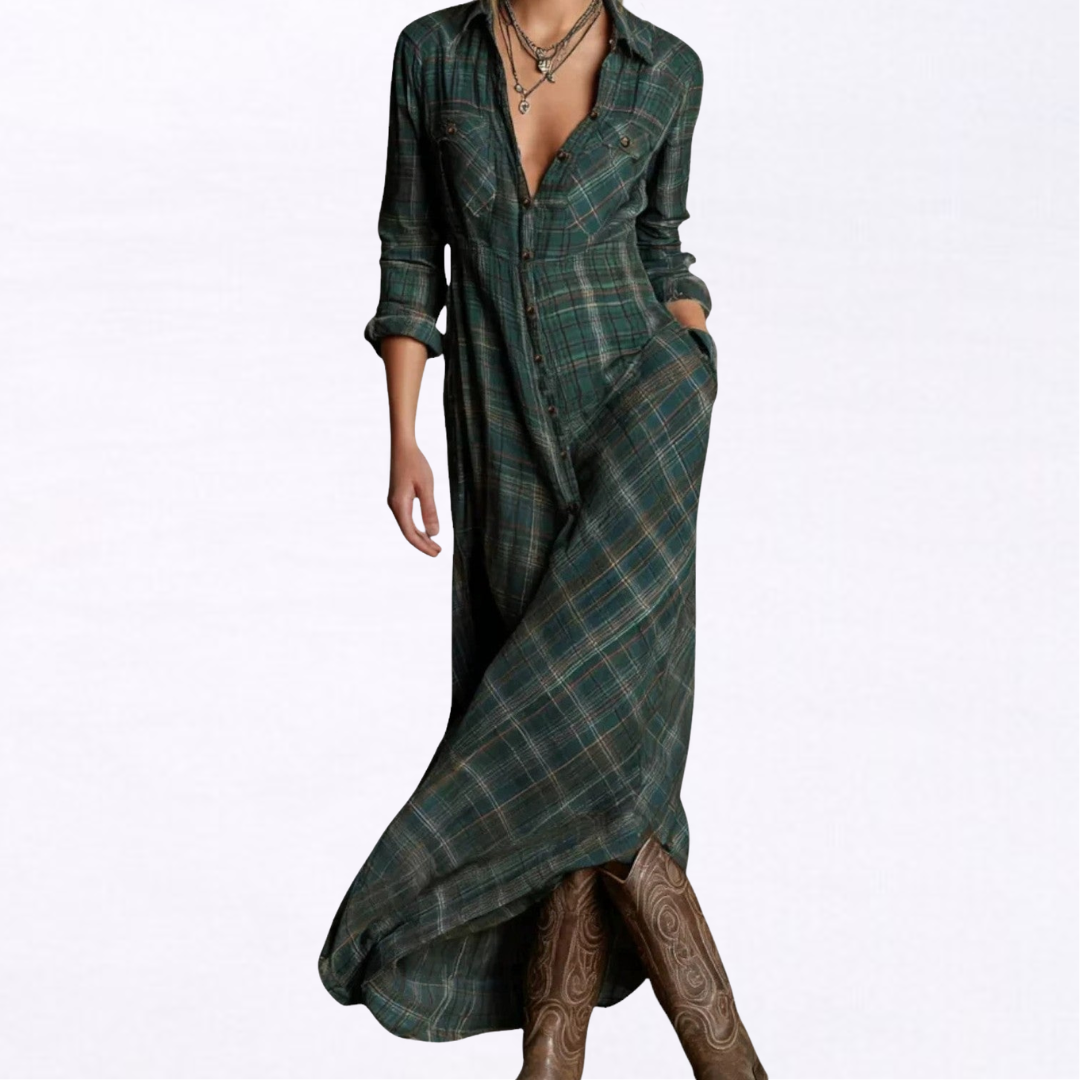 Noa | Vestido Camisero Largo de Cuadros Con Caída Fluida