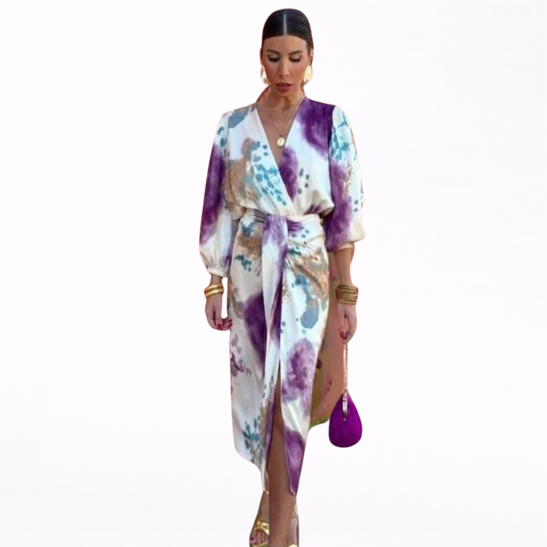 Amara | Vestido Midi Cruzado Con Estampado Artístico y Cinturón