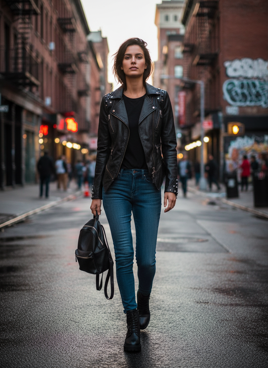Serena | Chaqueta de Cuero de Mujer con Cremallera Frontal y Detalle Acolchado