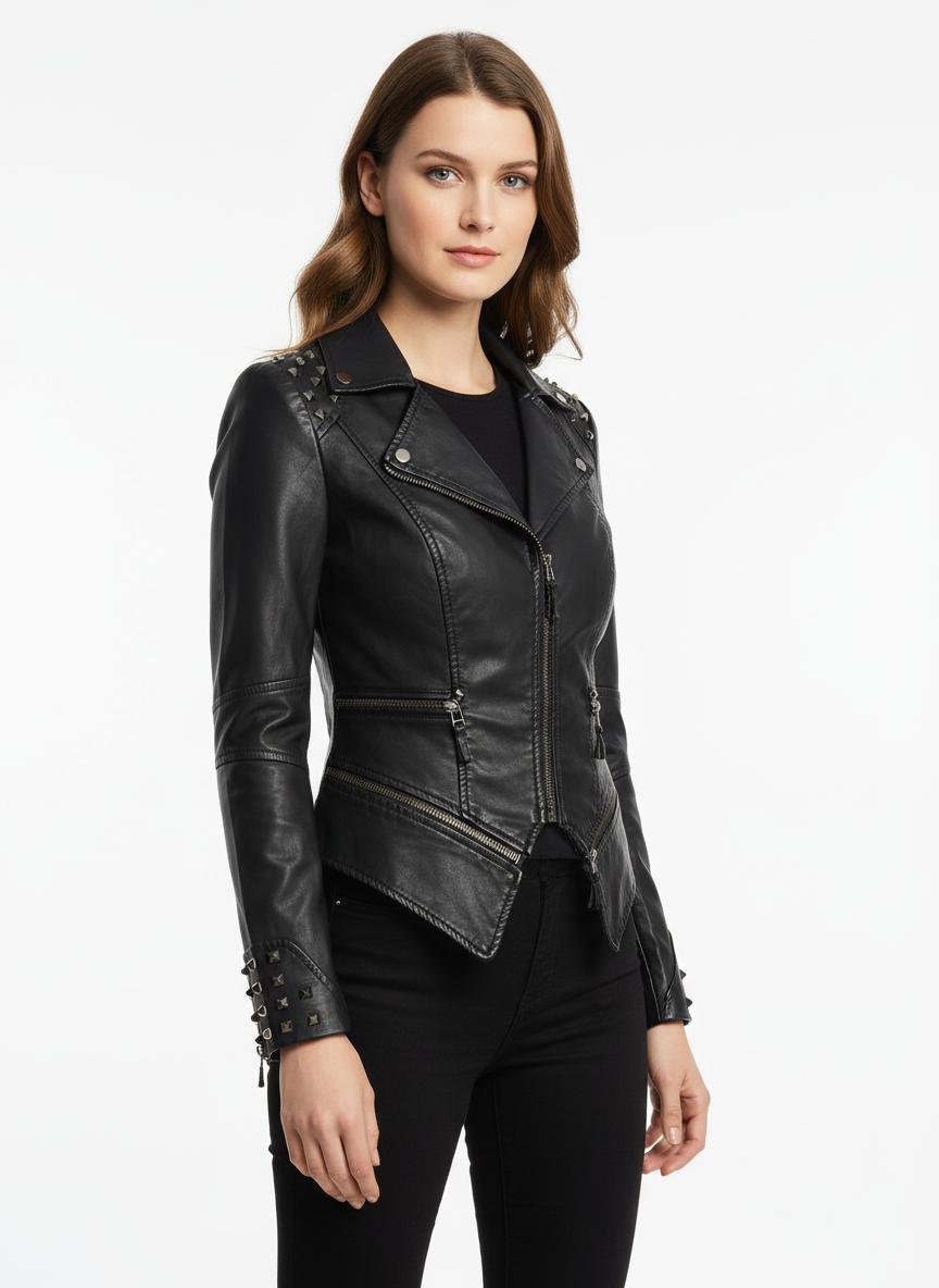 Serena | Chaqueta de Cuero de Mujer con Cremallera Frontal y Detalle Acolchado