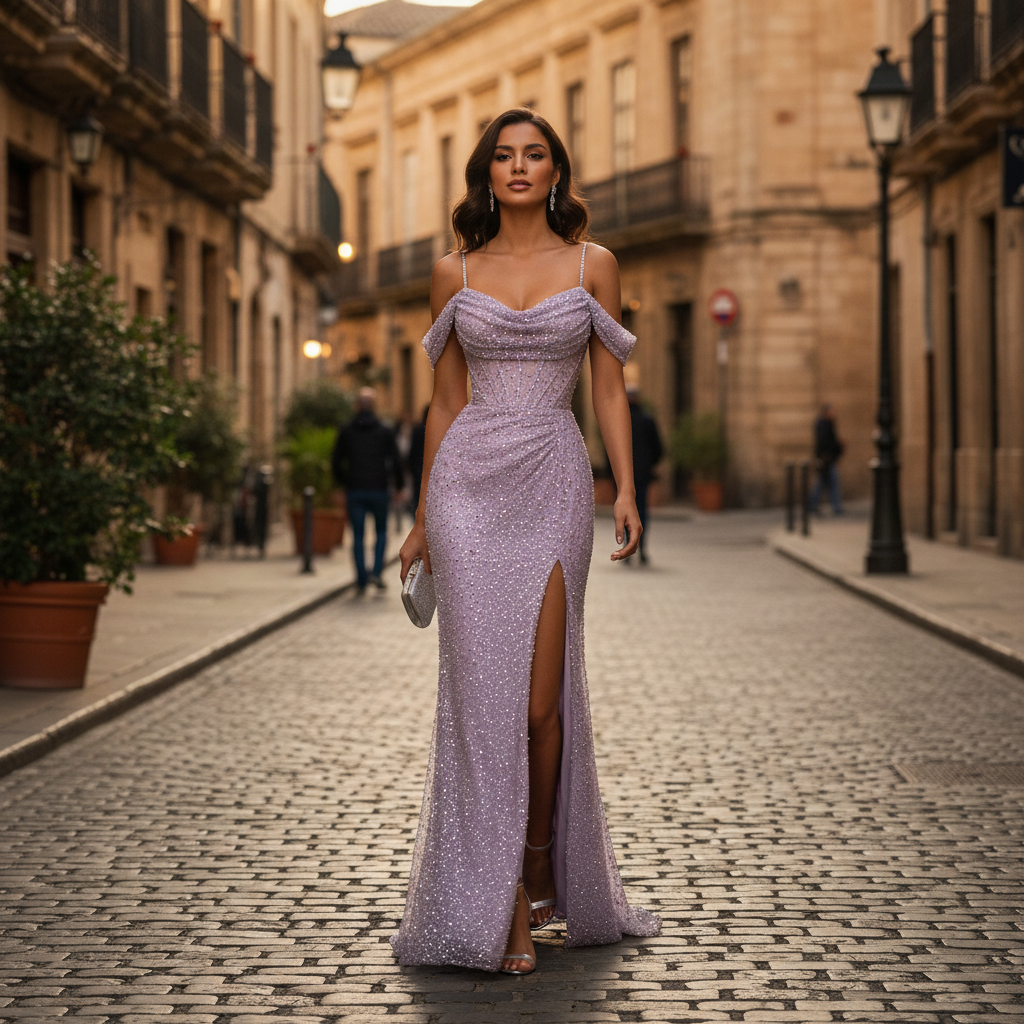 Serena | Vestido Maxi de Mujer para Prom con Diseño de Manga de Encaje y Cuello Alto