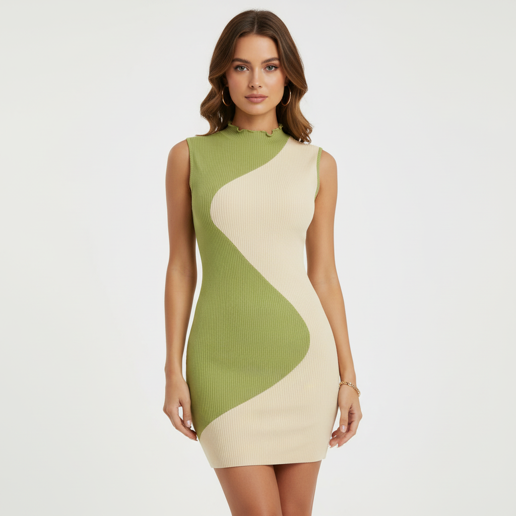 Sophia | Vestido Midi Ceñido de Mujer con Cuello Alto y Diseño Sin Mangas | Chic