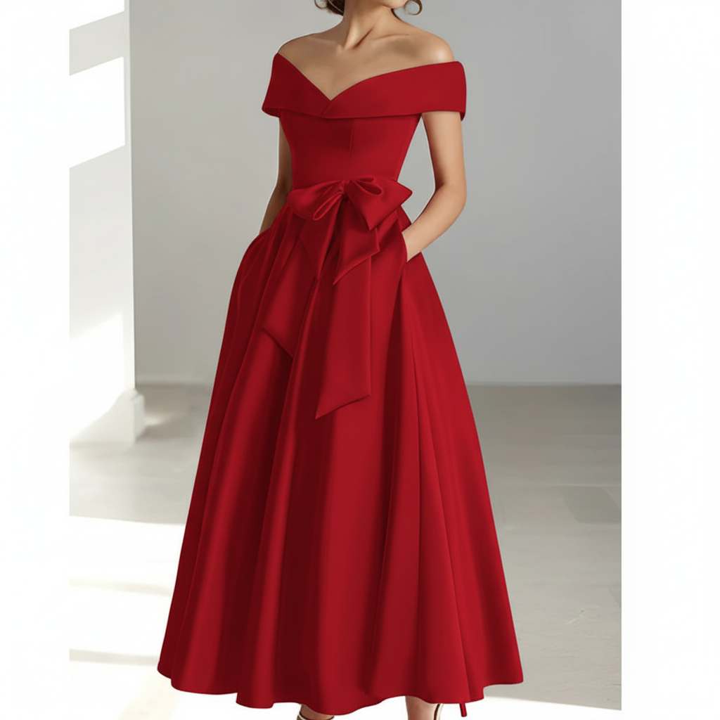 Sophia | Vestido de Mujer para Invitada de Boda con Escote Descubierto y Detalle de Lazo | Elegante