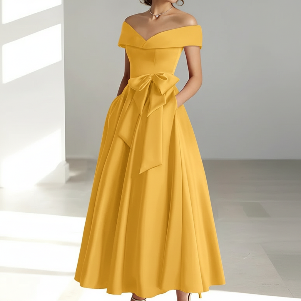 Sophia | Vestido de Mujer para Invitada de Boda con Escote Descubierto y Detalle de Lazo | Elegante