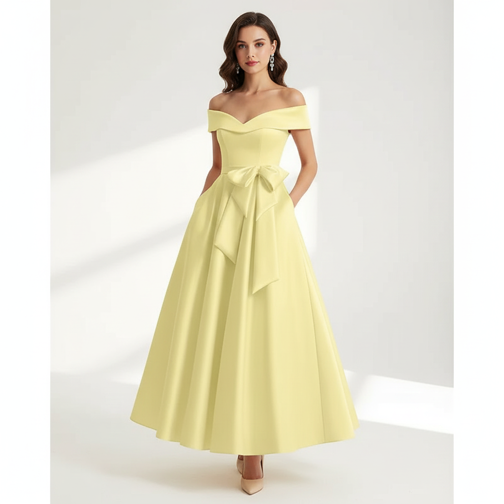 Sophia | Vestido de Mujer para Invitada de Boda con Escote Descubierto y Detalle de Lazo | Elegante