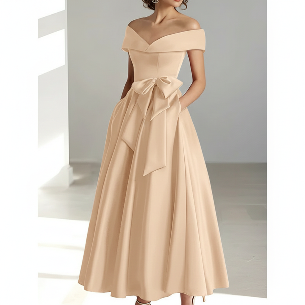 Sophia | Vestido de Mujer para Invitada de Boda con Escote Descubierto y Detalle de Lazo | Elegante