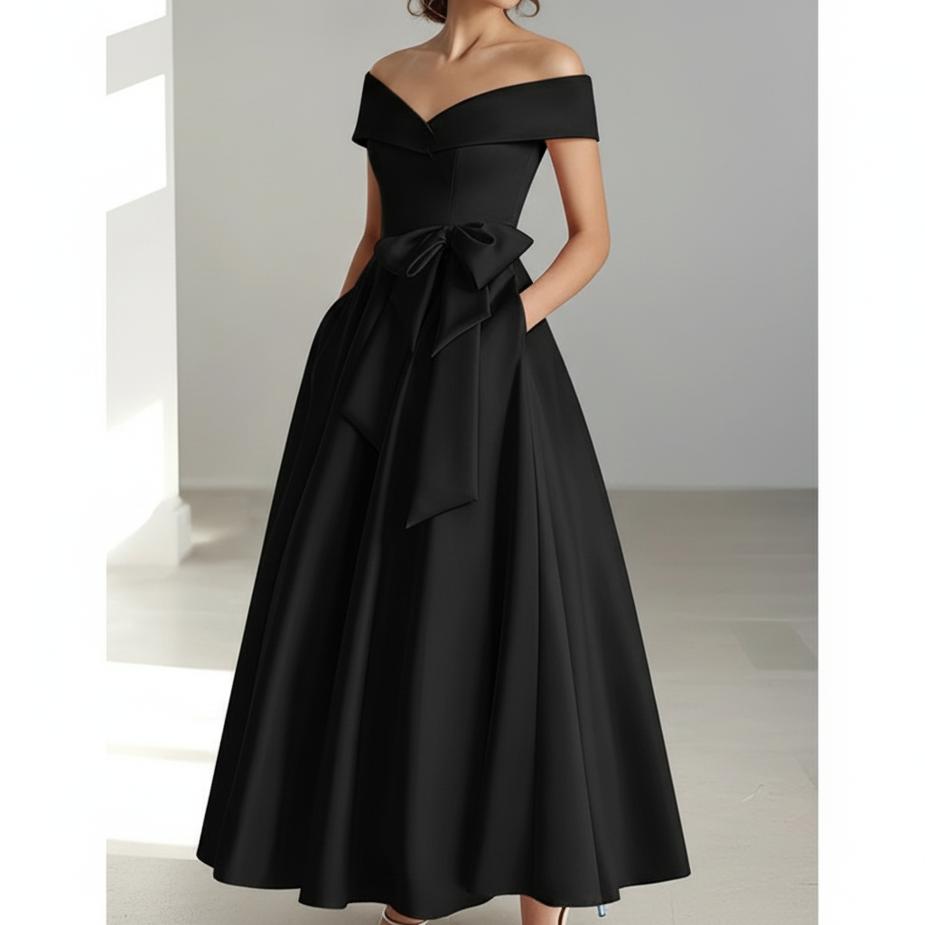 Sophia | Vestido de Mujer para Invitada de Boda con Escote Descubierto y Detalle de Lazo | Elegante