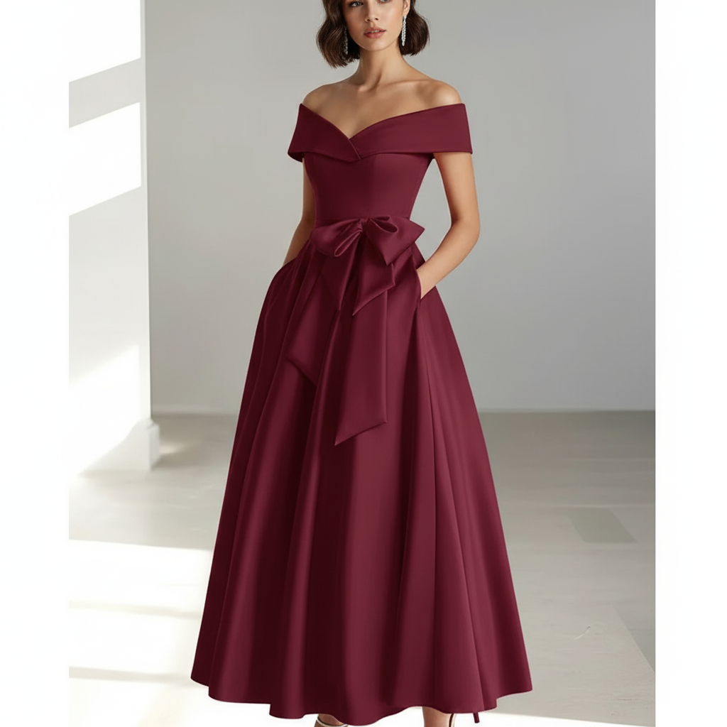 Sophia | Vestido de Mujer para Invitada de Boda con Escote Descubierto y Detalle de Lazo | Elegante