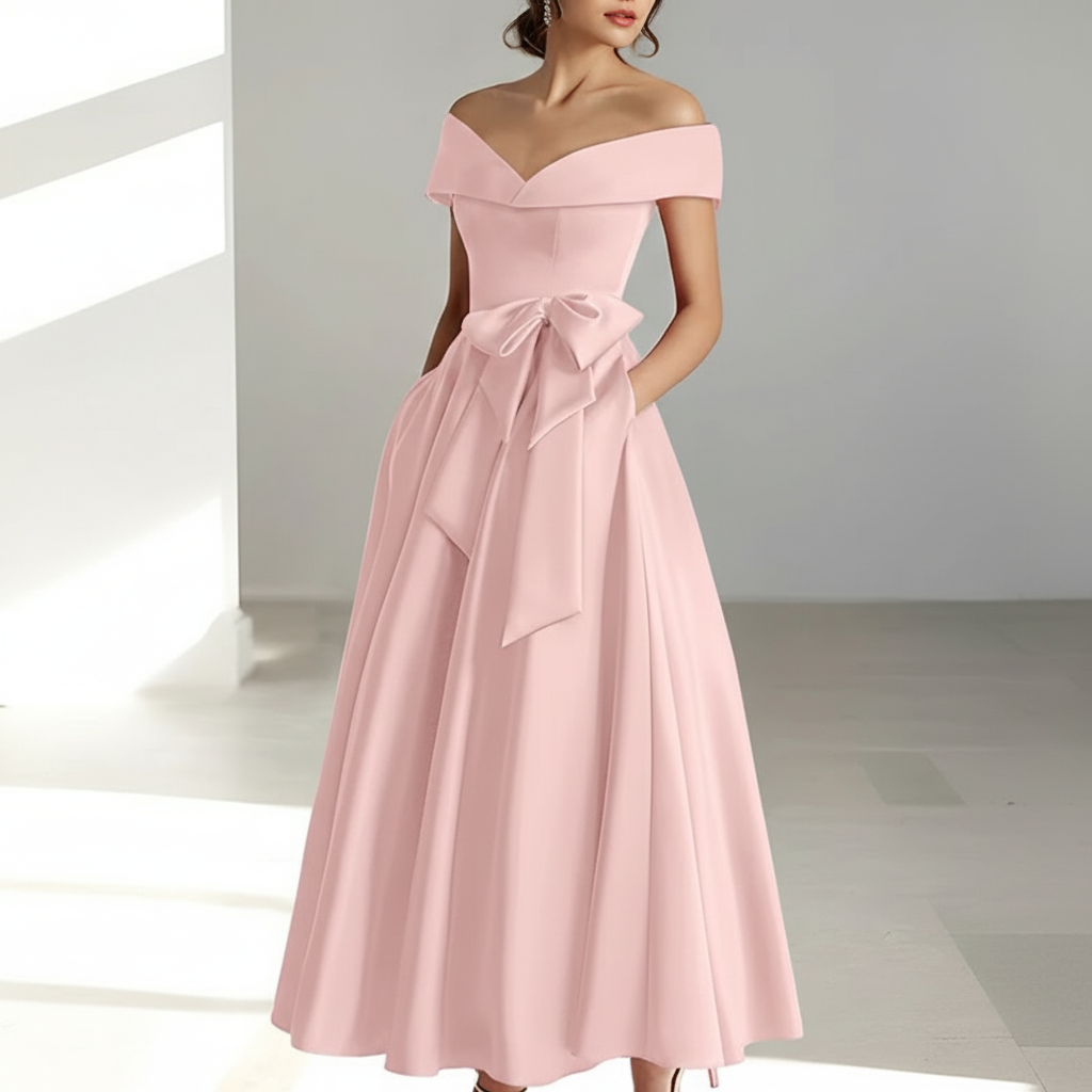 Sophia | Vestido de Mujer para Invitada de Boda con Escote Descubierto y Detalle de Lazo | Elegante