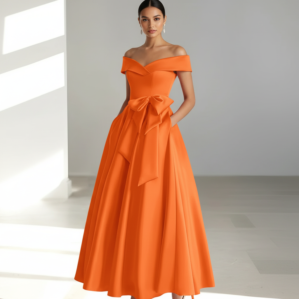 Sophia | Vestido de Mujer para Invitada de Boda con Escote Descubierto y Detalle de Lazo | Elegante